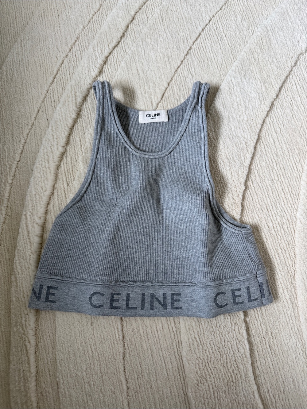 Celine Grey Ribbed Logo Crop Tank Top